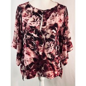 Jennifer Lopez Womens Floral Wrap Front Blouse Burgundy Flutter Sleeve Small